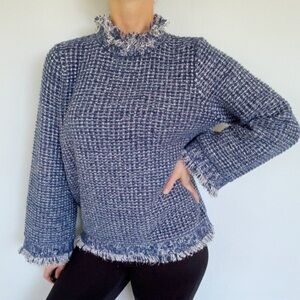The Fold blue metallic silver glitter tweed wool fringe trim sweater size medium